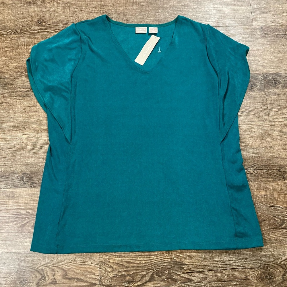 Chico’s Traveler Top V Neck Flutter Sleeve Tapestry Teal Size 2